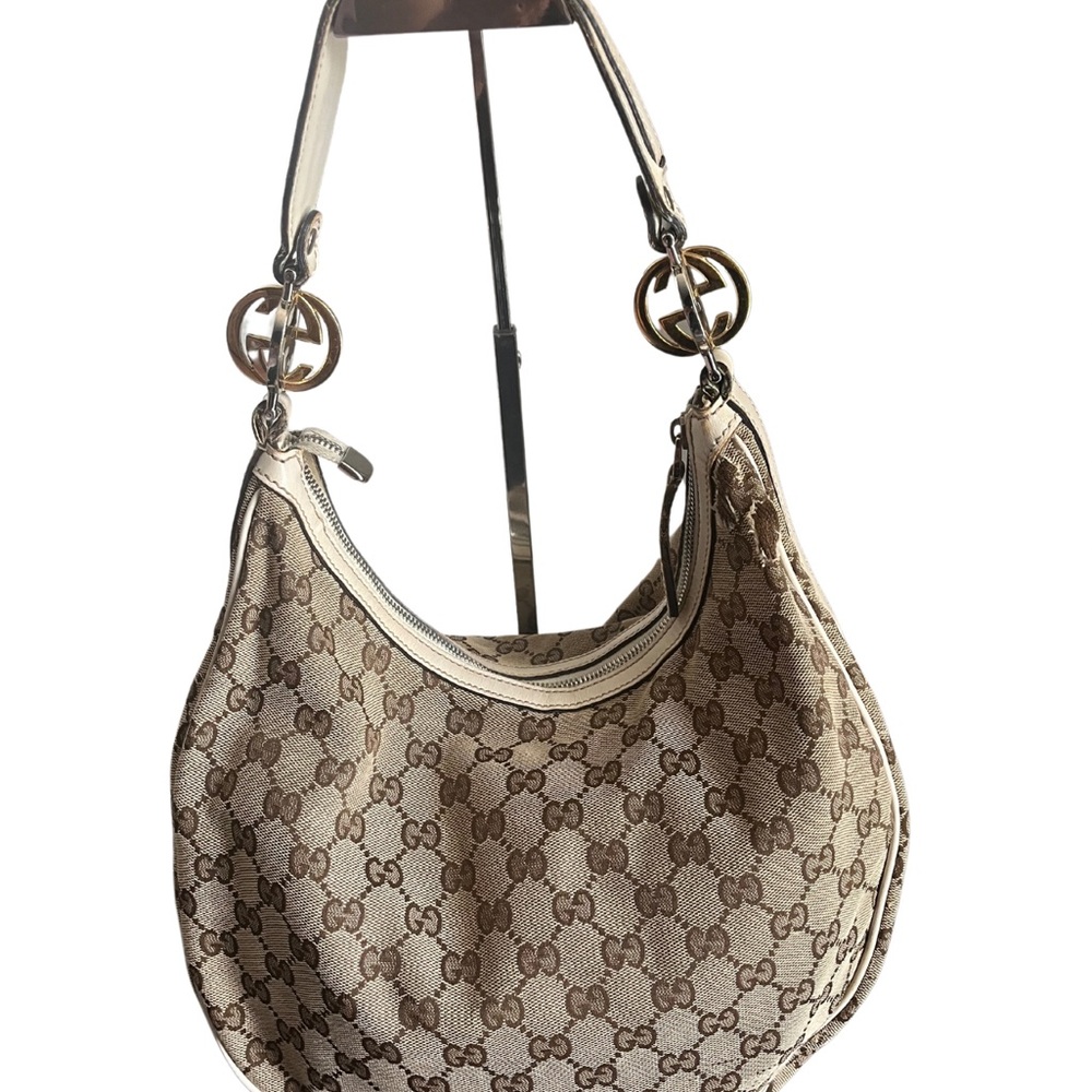 Gucci purse hobo bag monogram leather strap silver gold hardware authentic